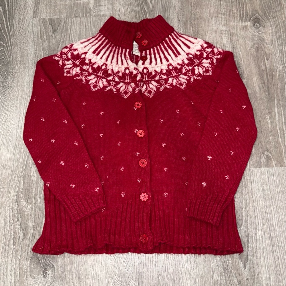 Orvis Red and White Nordic Knit 100% wool Cardigan Size small